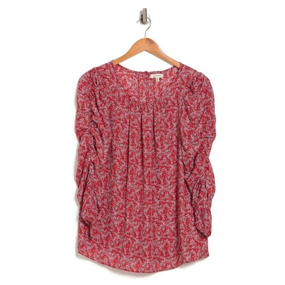 𝅺MAX Studio BNWOT Red Floral Ruched Sleeve Blouse Women Sz Small - Picture 1 of 5